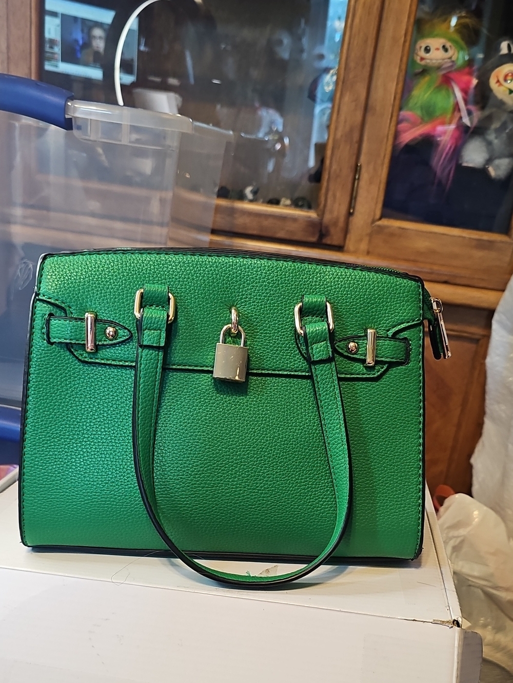 Green Mini Satchel with Gold Padlock Accent
